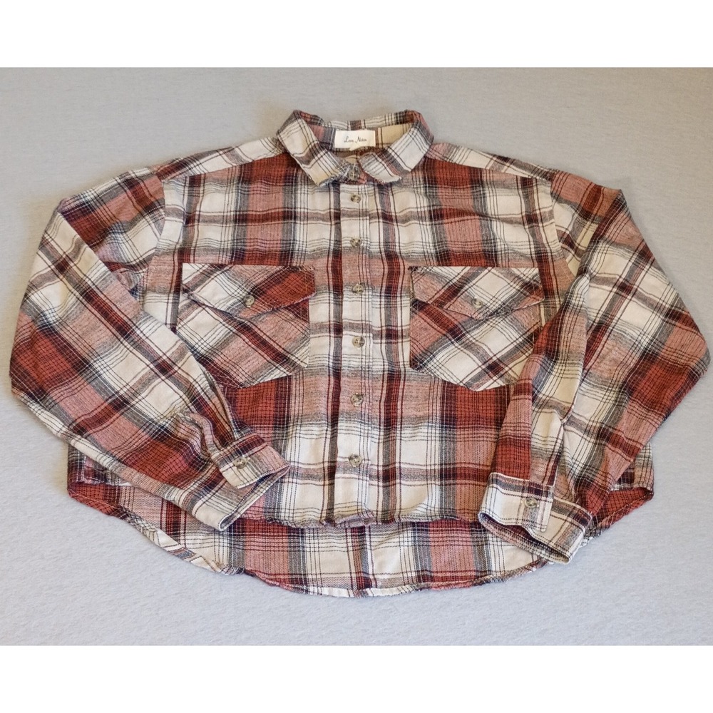 Love Notes Plaid Cropped Flannel Button Front Shirt Shacket Rolltab Sleeve Sz Sm